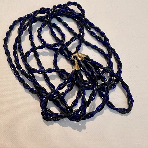 Bugle Tube Glass Beaded Blue Black Multi-Strand Torsade Necklace - Picture 3 of 6